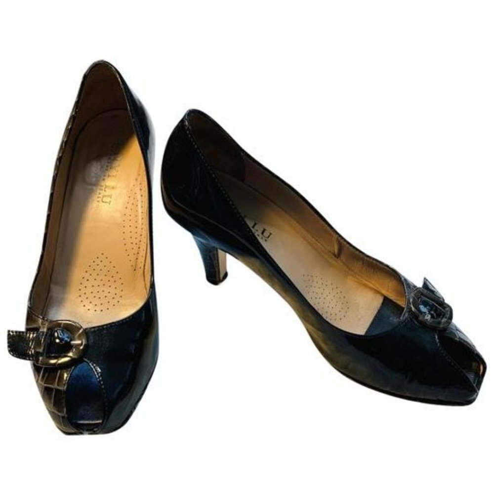 ANYI LU Olive Patent Leather Peep Toe Pumps 40